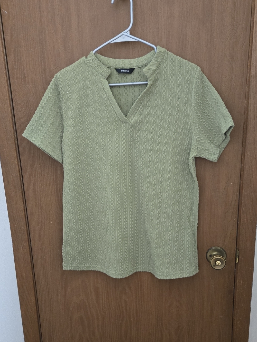 Dokotoo Brand Light Olive Split-Neck Short Sleeve Textured Top